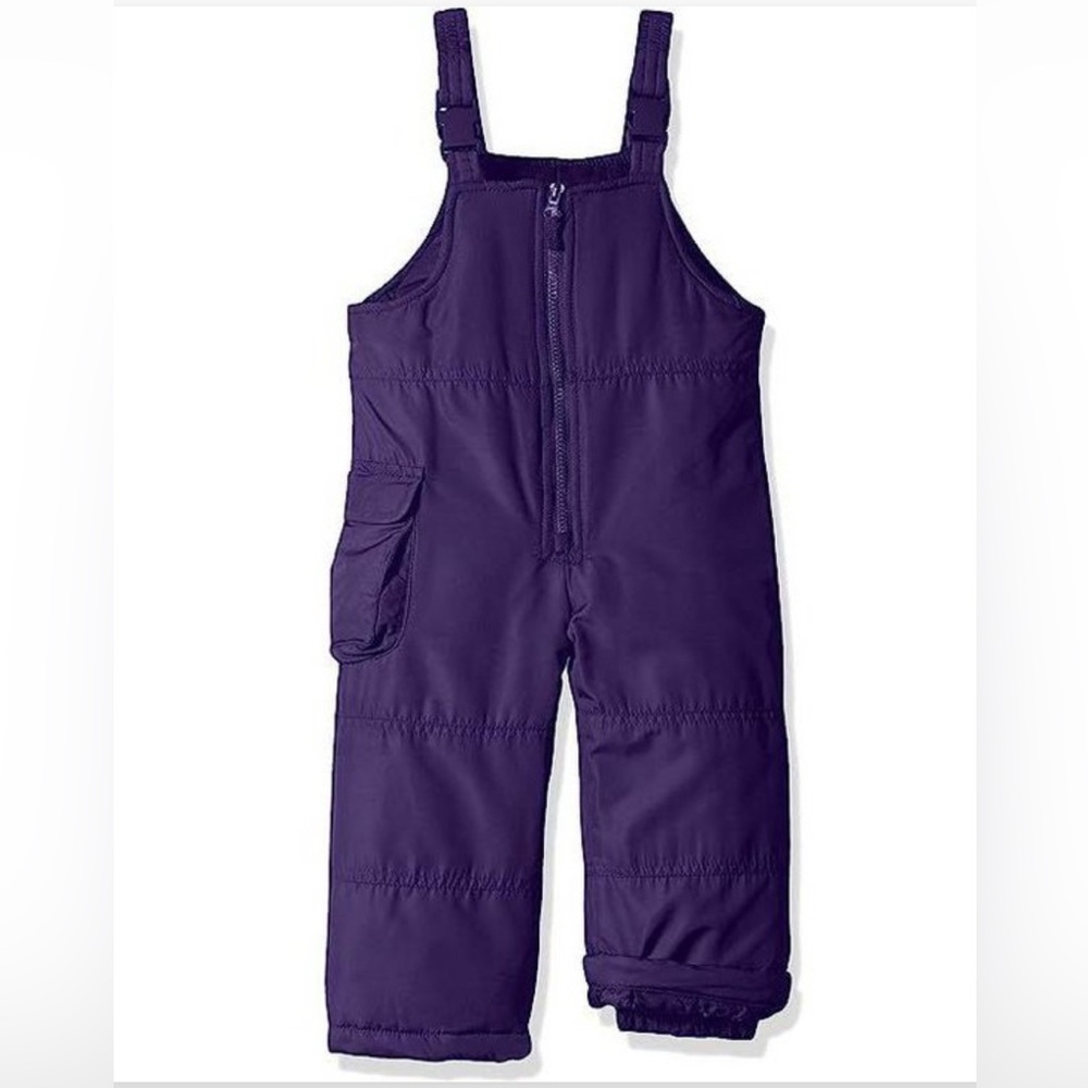 Big kid purple snow pants with adjustable straps and side cargo pocket